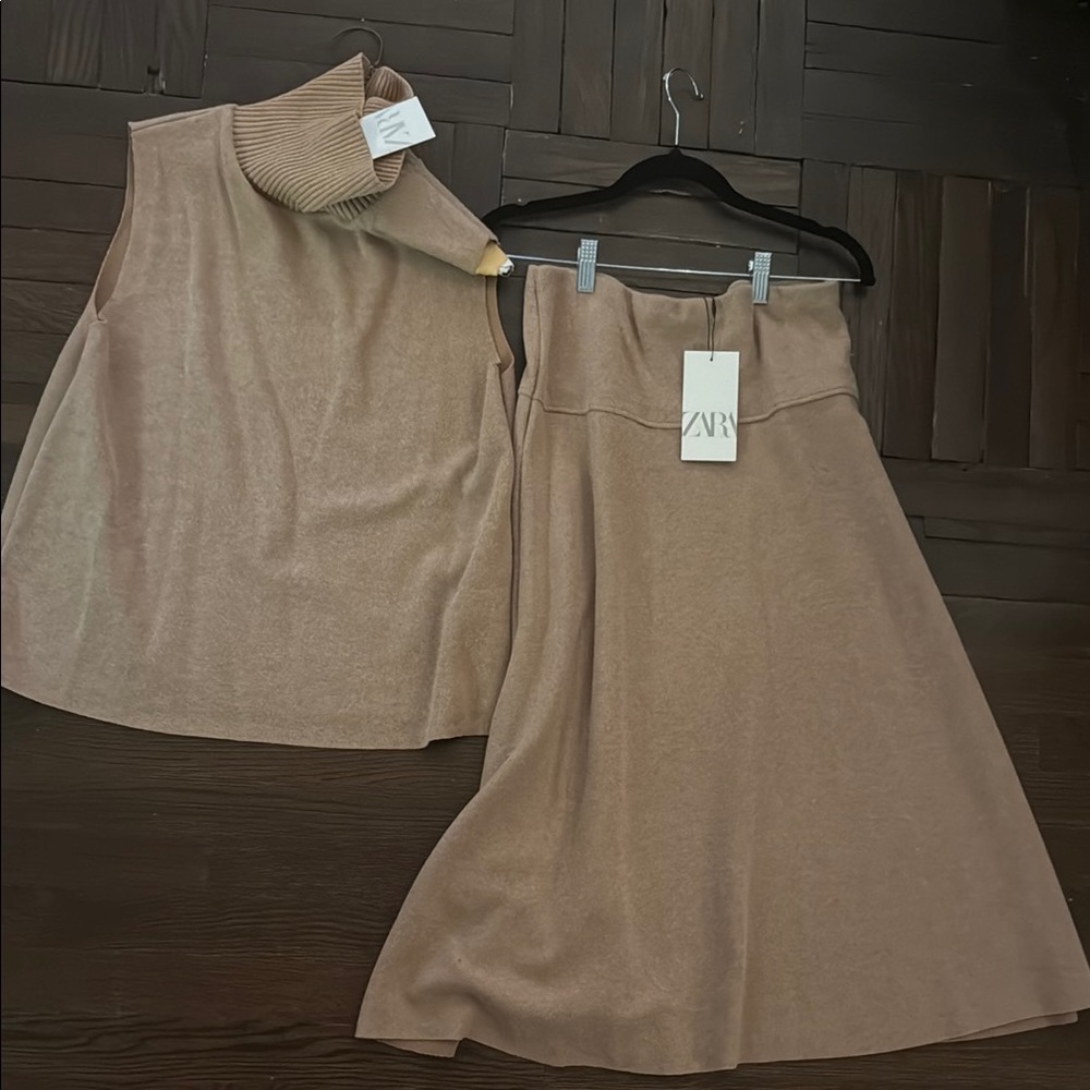 Zara Tan Midi A-Line Skirt Set for Work
